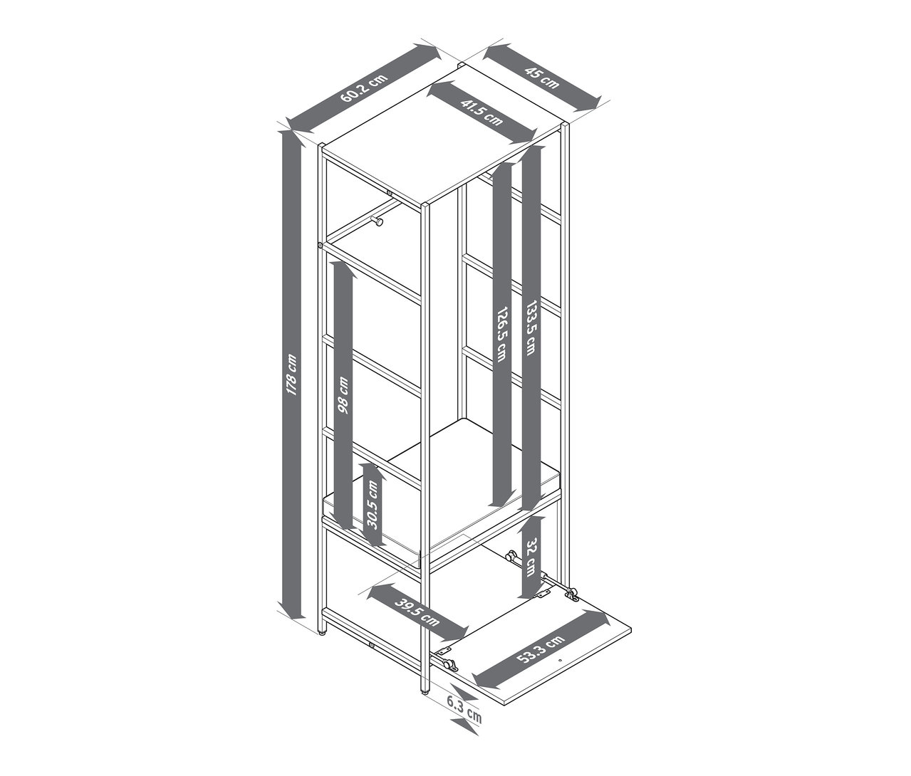 Pohled shora na předsíňovou stěnu »GRADE« s lavicí a sedákem, s uvedenými rozměry.