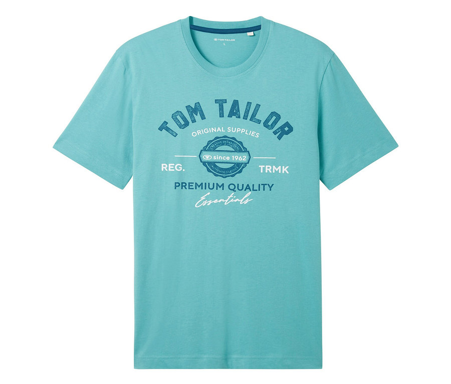 Světle modré tričko s potiskem "Tom Tailor Original Supplies" a nápisem "Premium Quality Essentials".