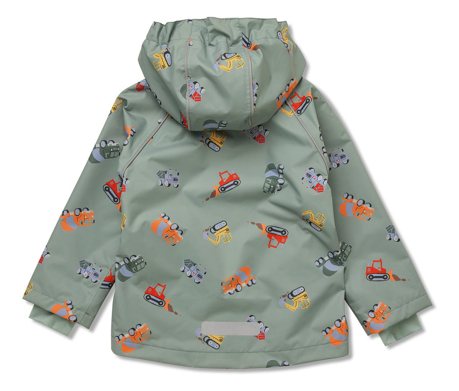 Zelená dětská pláštěnka se vzorem bagrů a stavebních vozidel.