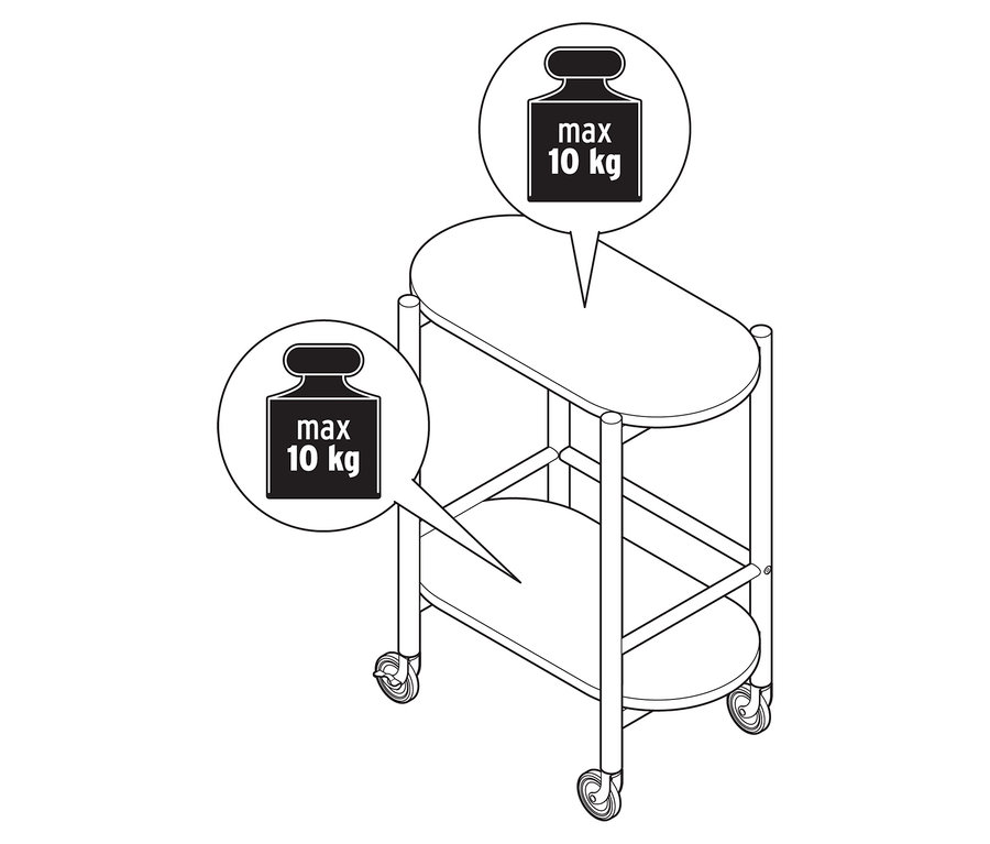 Ilustrace barového vozíku z masivního dřeva se 2 úrovněmi, s informacemi o maximální hmotnosti.