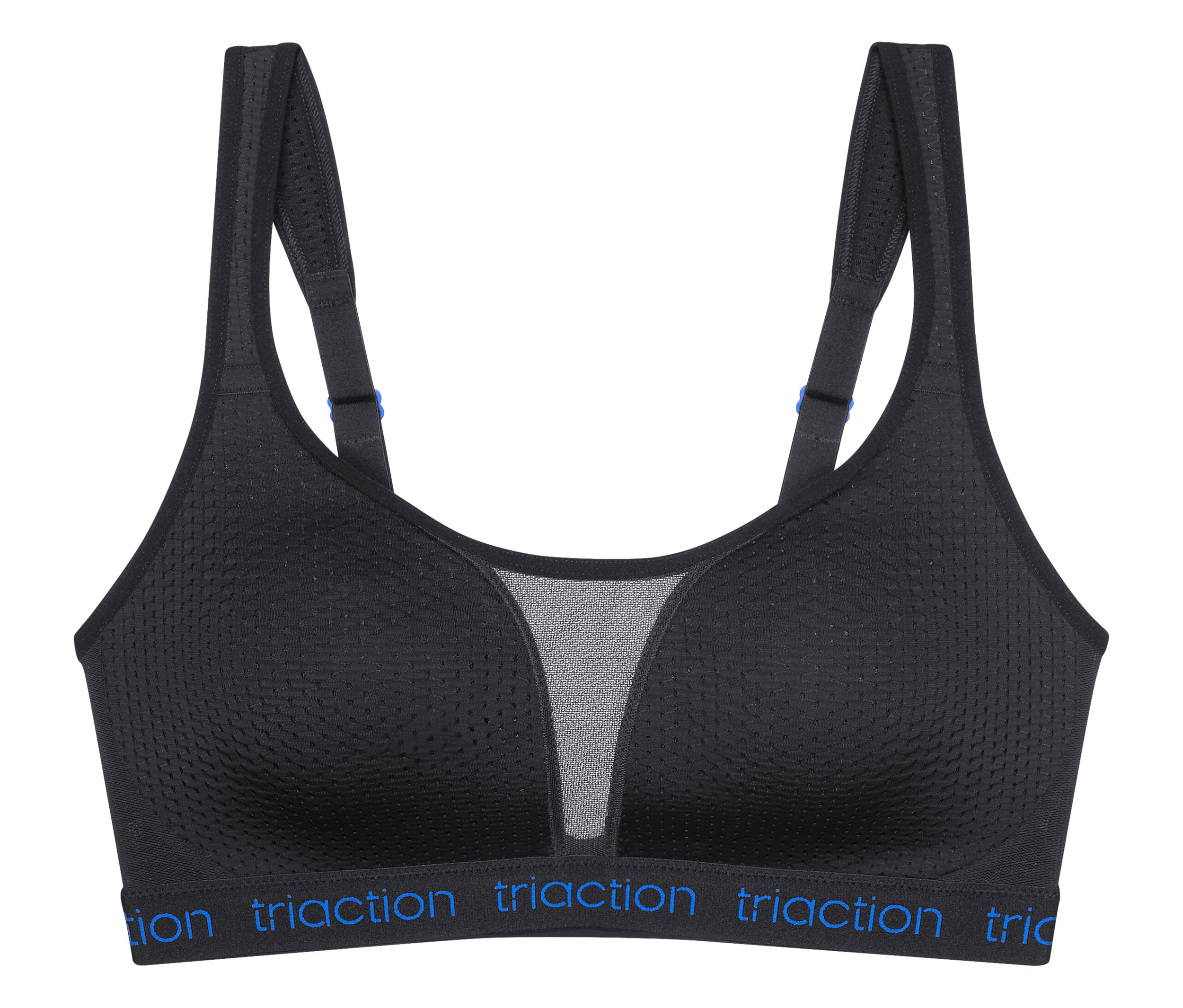 Černá sportovní podprsenka se síťovanou vložkou a modrým nápisem 'Traction' na spodním pásu.