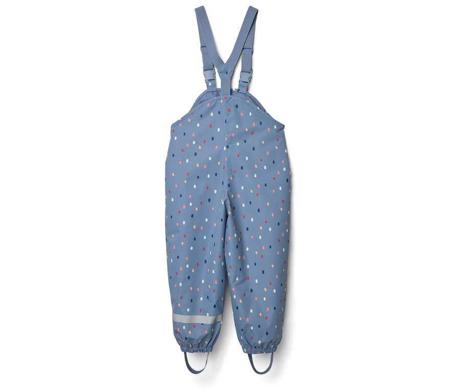 Modré nepromokavé kalhoty s barevnými tečkami a reflexními pruhy.