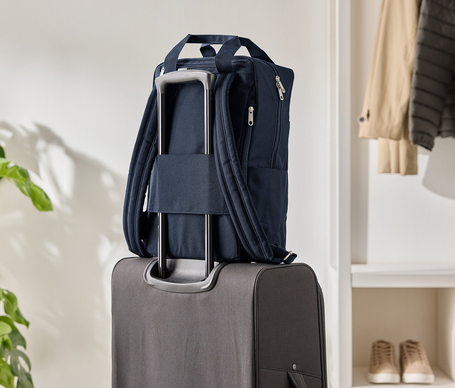 Tmavě modrý batoh na šedém kufru na kolečkách, vedle pokojová rostlina a šatník.