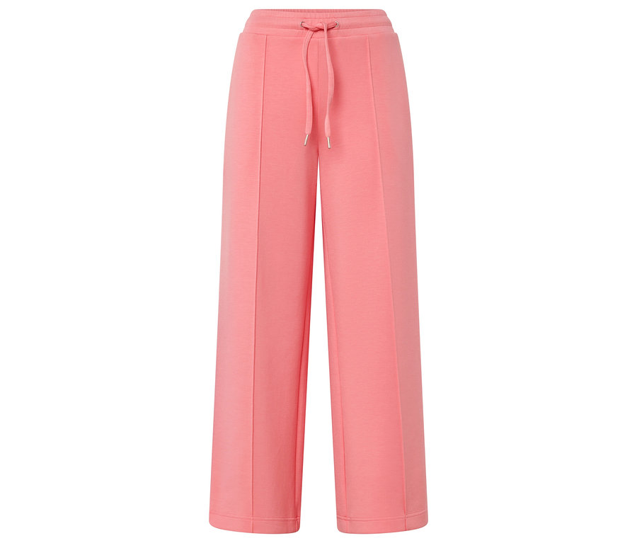 Na obrázku jsou dlouhé korálové kalhoty s širokými nohavicemi a stahovací šňůrkou.