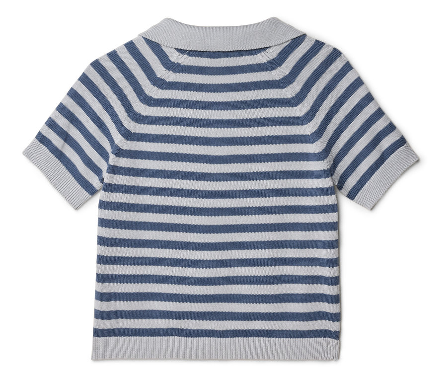 Pohled zezadu na pruhované polo tričko s krátkým rukávem v modré a šedé barvě.