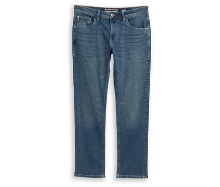 Džíny Tom Tailor TT MARVIN STRAIGHT se strečovým materiálem, Used Mid Stone Blue Denim, ležící na bílém pozadí.