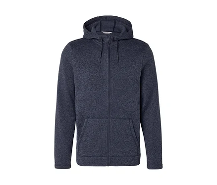 Tmavě modrá melírovaná mikina s kapucí na zip, stahovacími šňůrkami a dvěma předními kapsami.