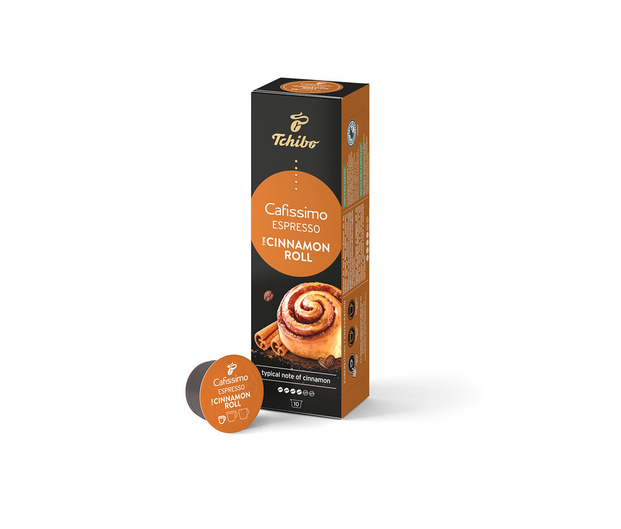 Balení kapslí Cafissimo Espresso Cinnamon Roll s jednou kapslí vedle.