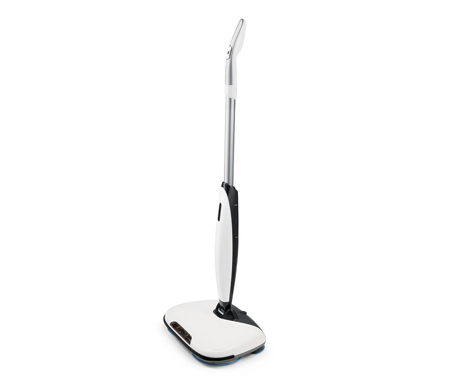 Elektrický mop na podlahu s bílou základnou a stříbrnou rukojetí.