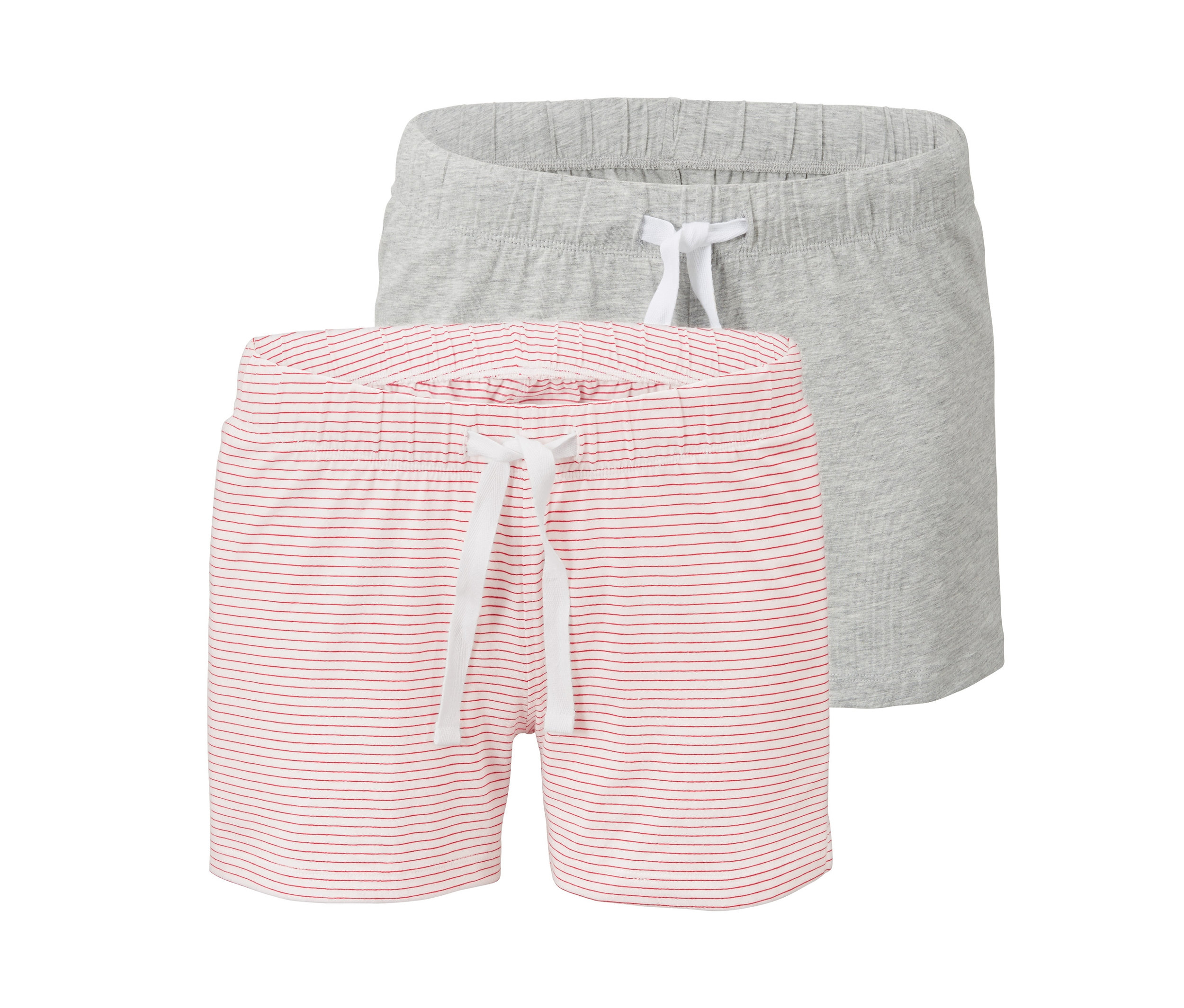 Dvoje žerzejové šortky: jedny šedé a jedny s červenými proužky.