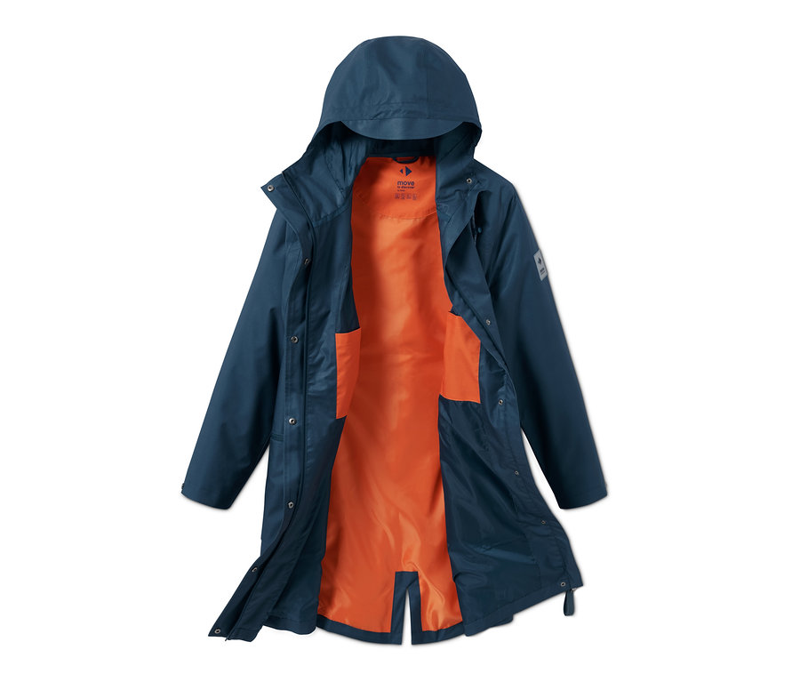 Otevřená tmavě modrá funkční parka do deště s oranžovou podšívkou.