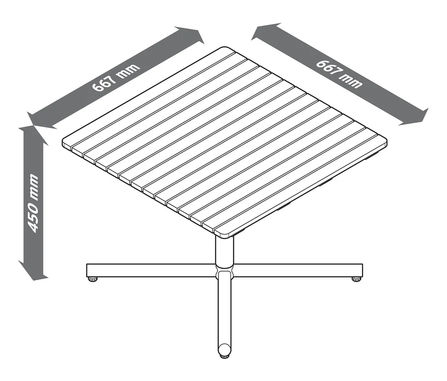 Nákres rohové zahradní pohovky s rozměry 667 mm x 667 mm a výškou 450 mm.