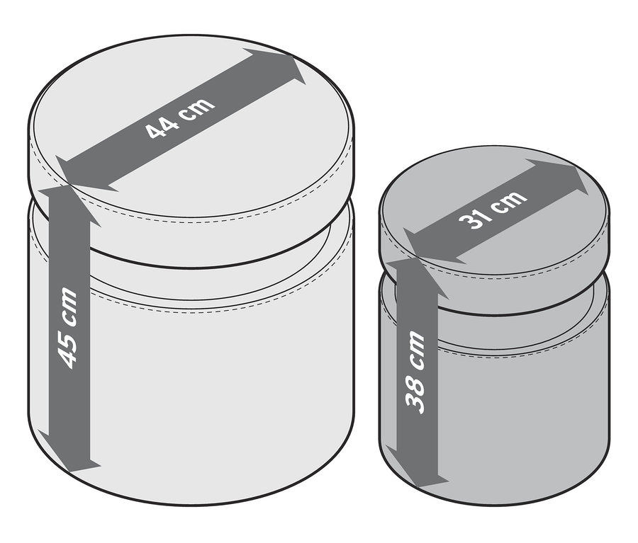 Dvě sametové taburetky s úložným prostorem různých velikostí.