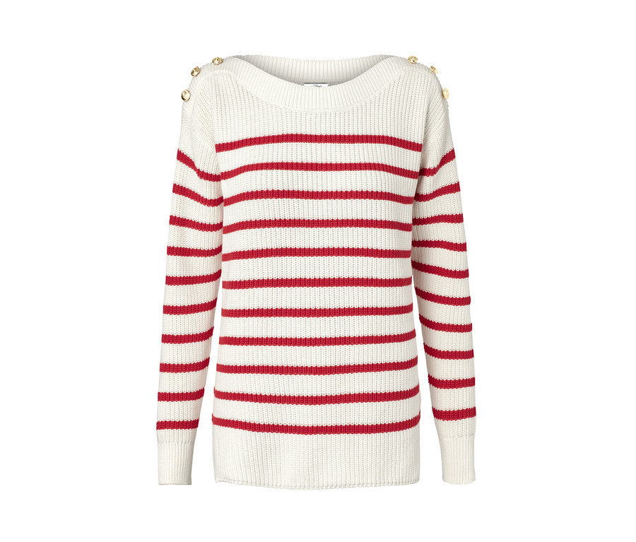 Bílý pletený svetr s červenými pruhy a ozdobnými knoflíky.