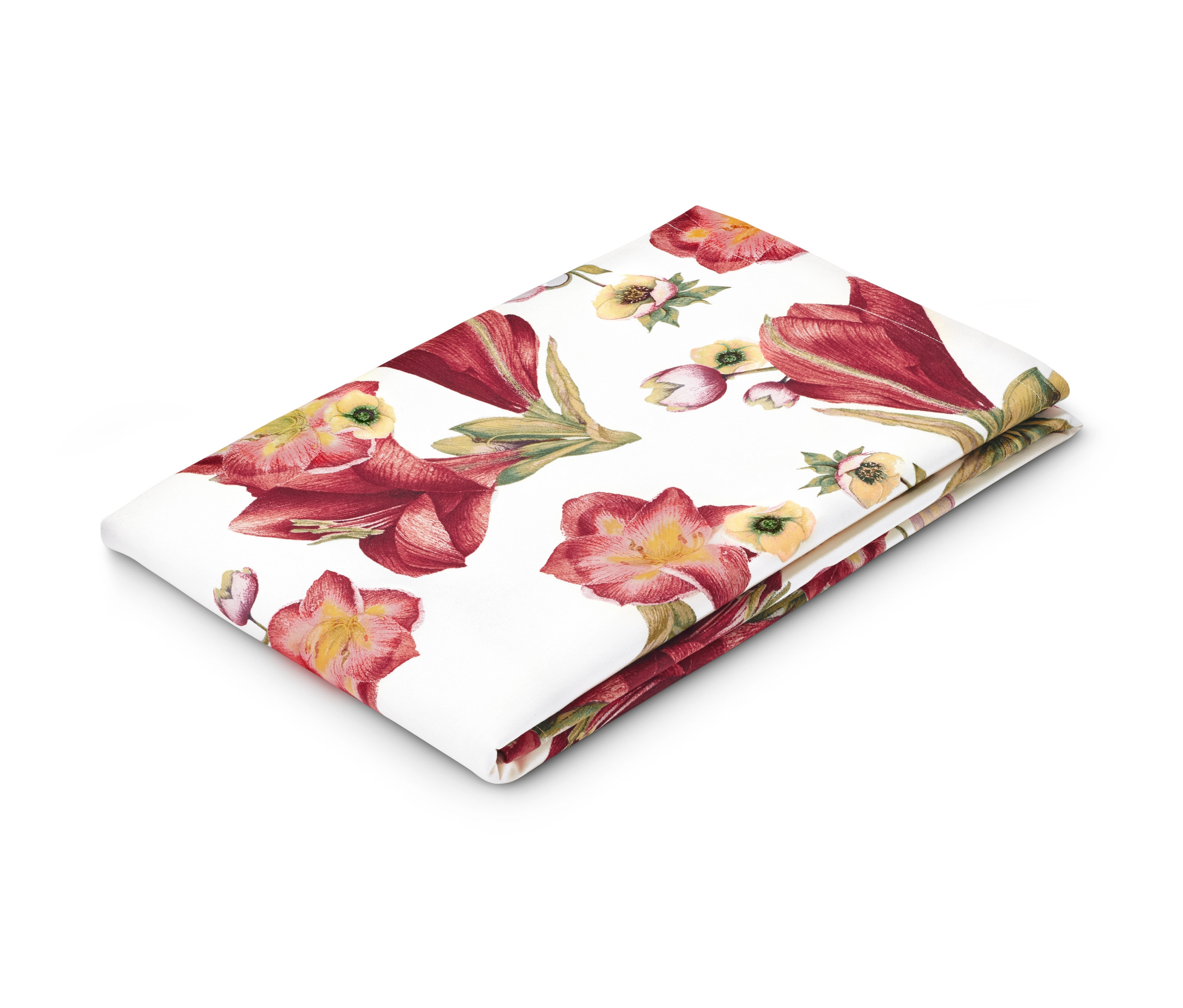 Složený ubrus s květinovým potiskem.