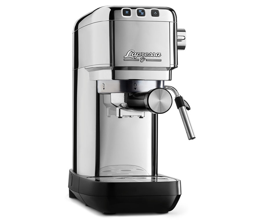 Stříbrný pákový kávovar »Lapressa«.