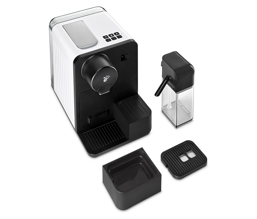 Bílý kávovar Cafissimo milk a jeho příslušenství.