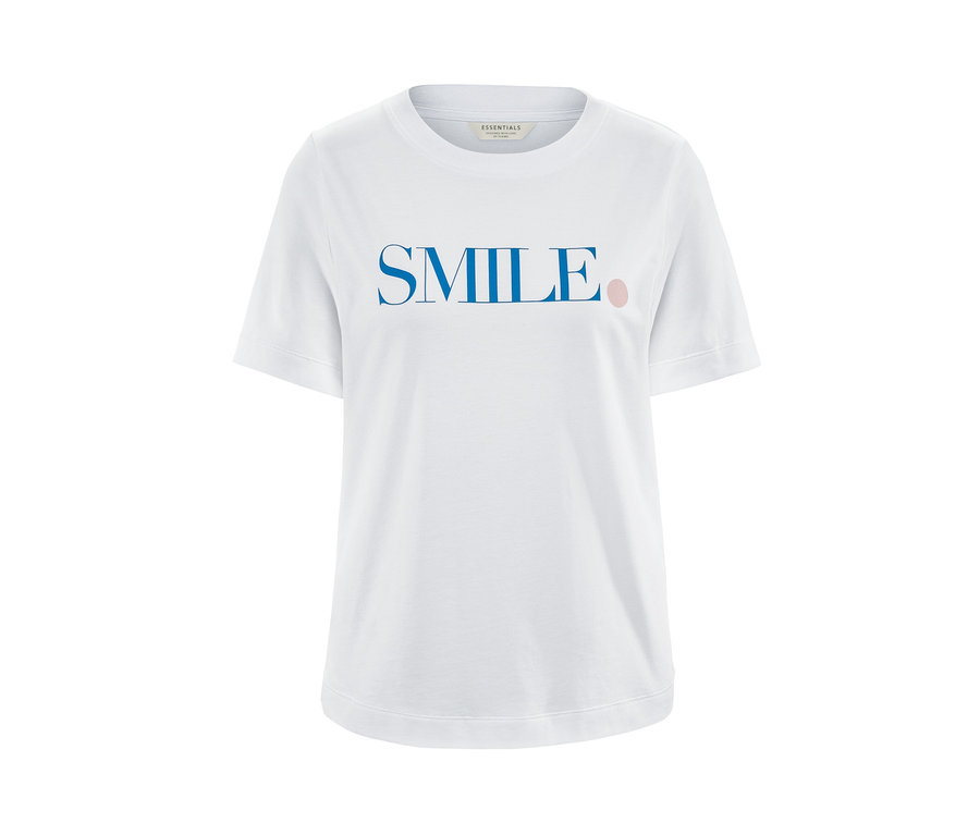 Bílé tričko s potiskem SMILE v modré barvě.