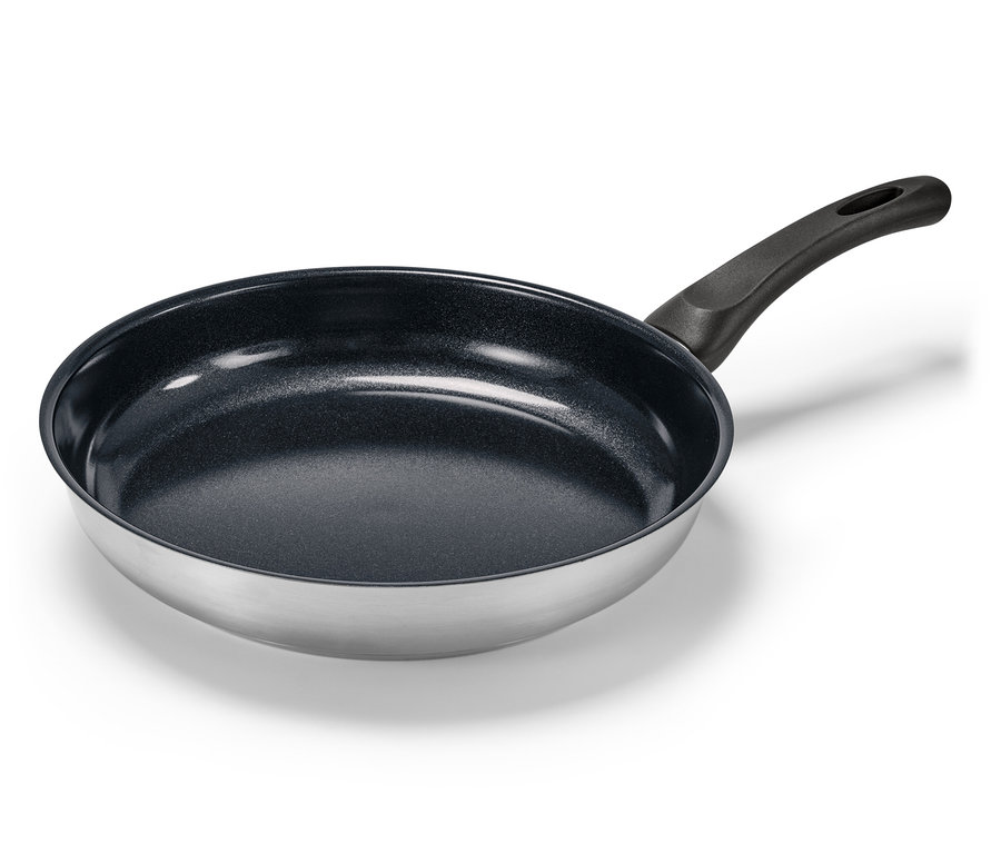 Nerezová pánev s kvalitním keramickým povrchem, průměr cca 28 cm.