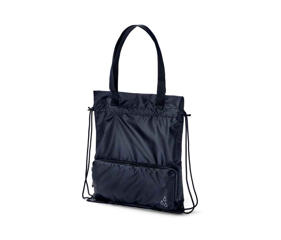 Tmavě modrá nákupní taška a batoh 2 v 1 s uchy a stahovacími šňůrkami.
