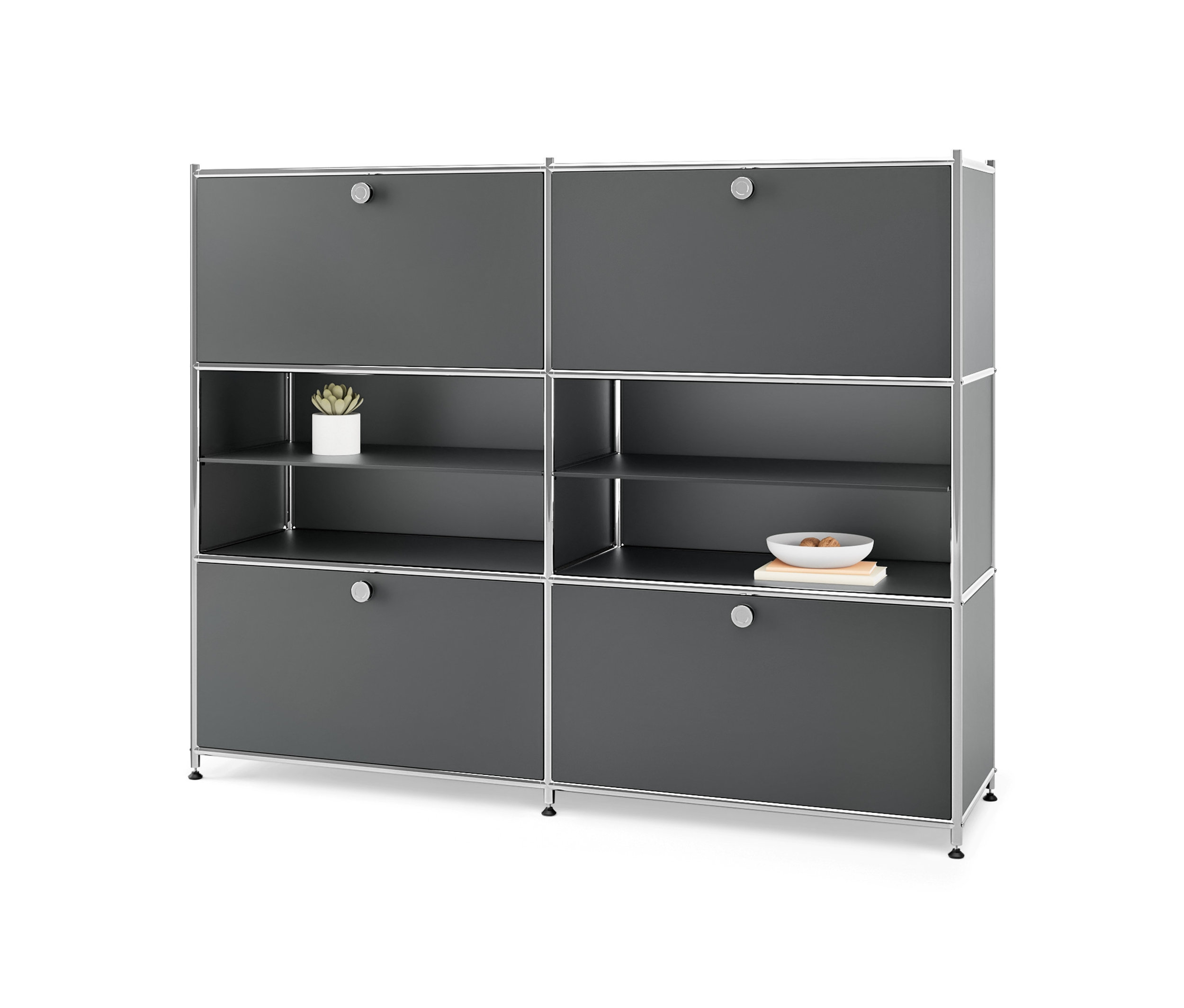 Šedá kovová komoda »CN3« se 4 výklopnými dvířky.