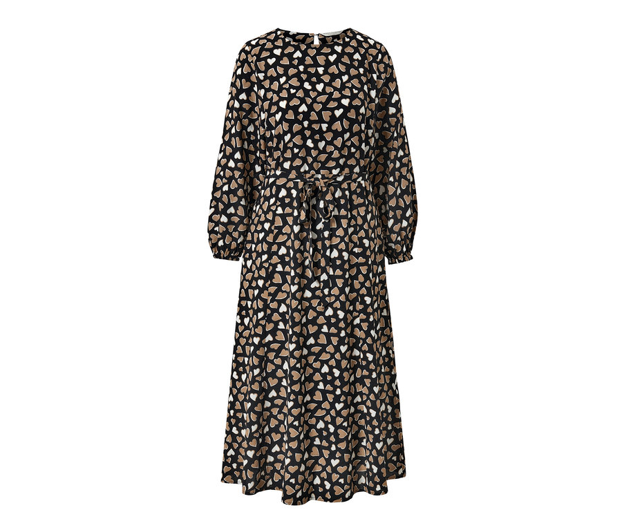 Černé tkané šaty s celoplošným potiskem srdcí.