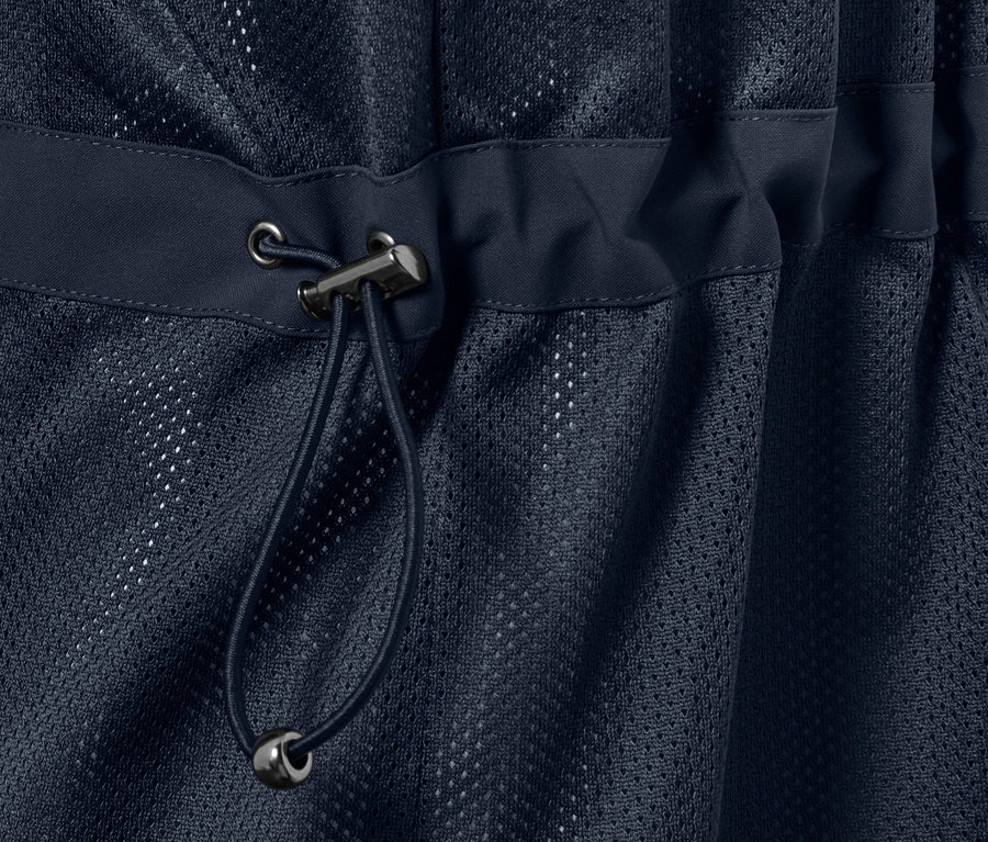 Detail modré outdoorové bundy 3 v 1 s vestou se stahovací šňůrkou.