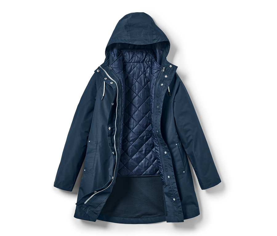 Rozepnutá bunda do deště 3 v 1 tmavě modré barvy s kapucí.