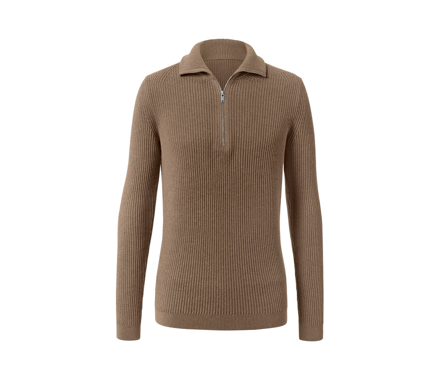 Hnědý svetr troyer s dlouhými rukávy a zipem.