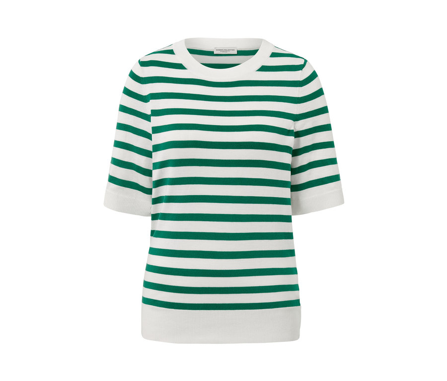 Pruhovaný svetr z jemného úpletu s krátkými rukávy.