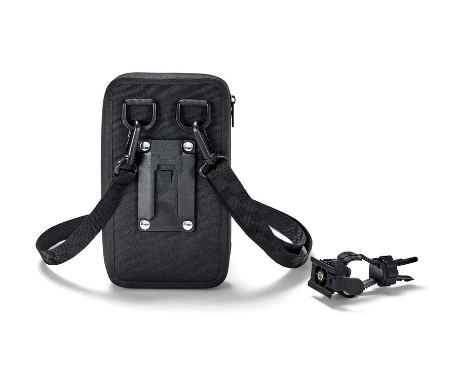 Černá taštička na smartphone 2 v 1 s popruhem a držákem na kolo.