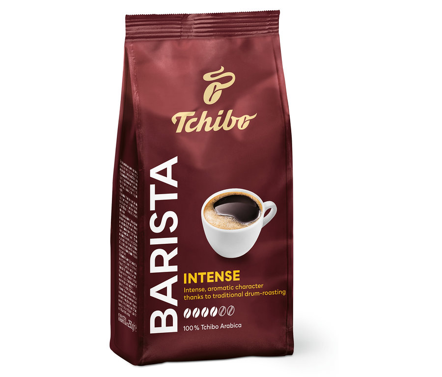 Balení mleté kávy Tchibo Barista Intense 250 g. Na obalu je šálek kávy.
