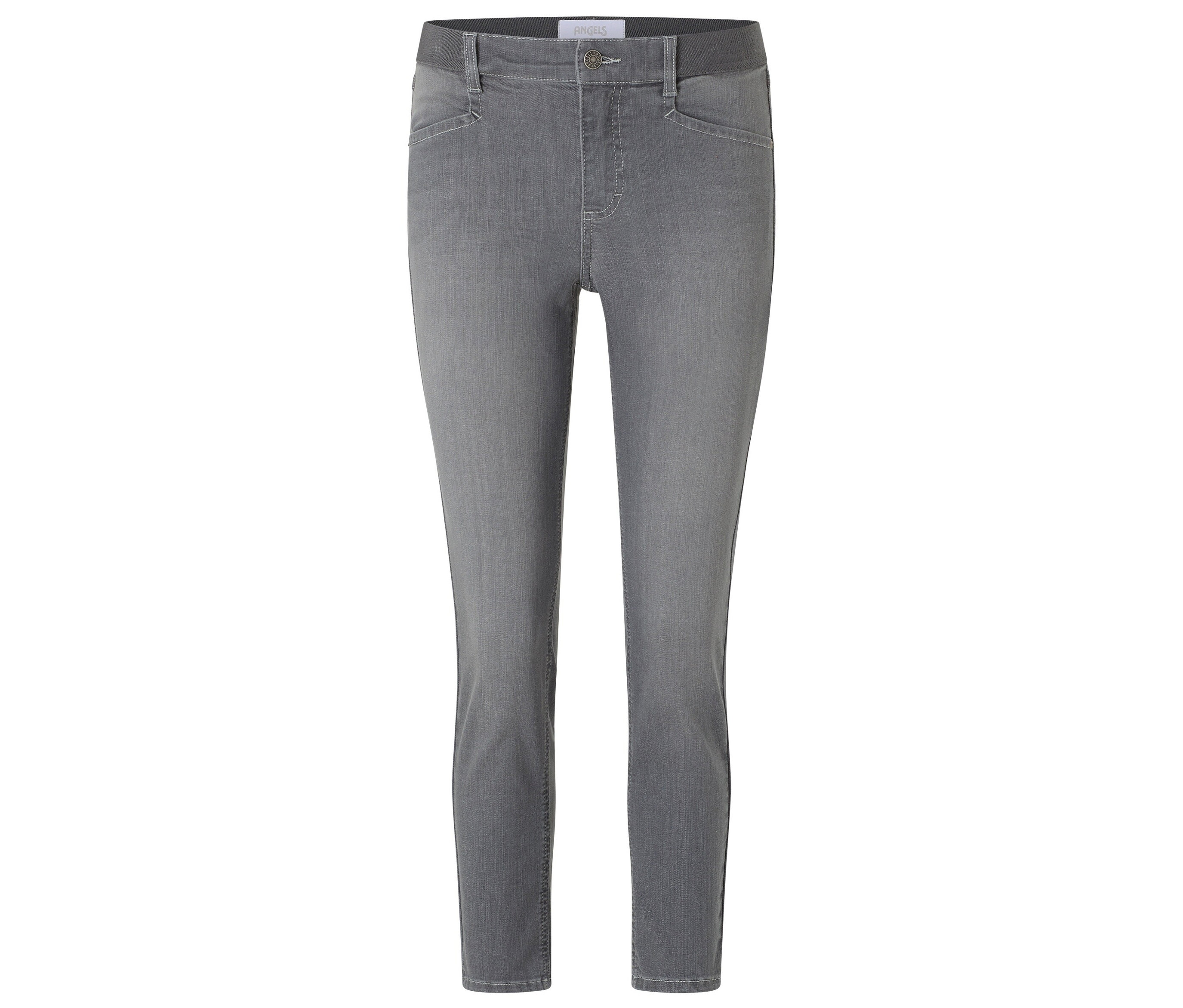 Šedé džíny s úzkými nohavicemi.