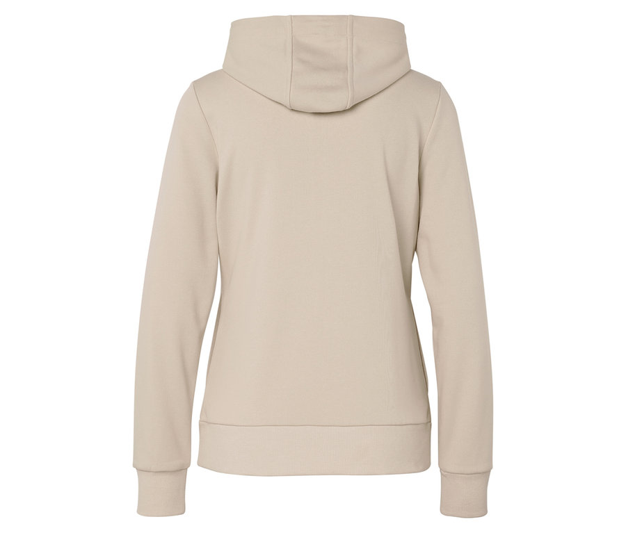 Zadní pohled na béžovou mikinu s kapucí.