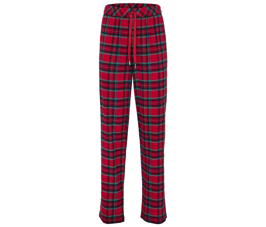 Červené kostkované kalhoty s červenou stahovací šňůrkou.