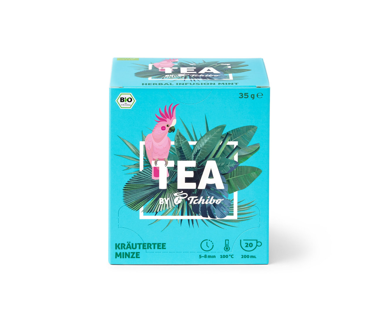 Balení BIO TEA by Tchibo máta 8 × 20 × 1,75 g, tyrkysové krabičky s obrázkem papouška kakadu a nápisem TEA.