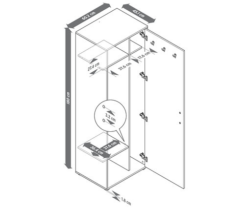 Náčrt univerzální skříně s otevřenými dveřmi a rozměry.
