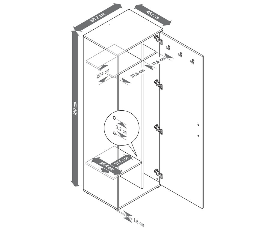 Náčrt univerzální skříně s otevřenými dveřmi a rozměry.