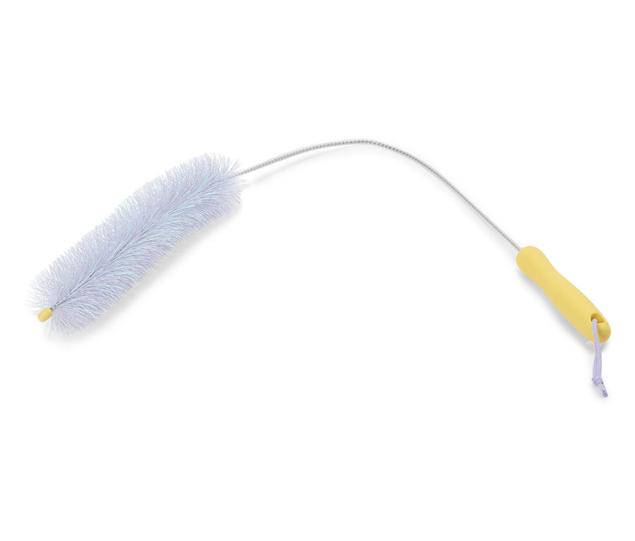 Kartáč na láhve s bílými štětinami a žlutou rukojetí.