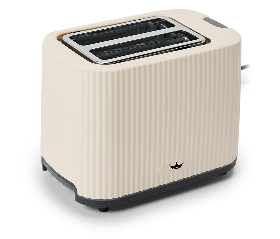 Béžový topinkovač se dvěma otvory na bílém pozadí.