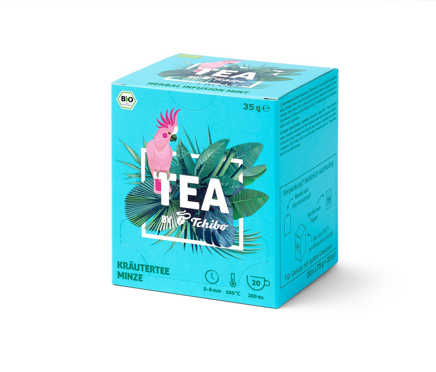 Balení BIO TEA by Tchibo máta 8 × 20 × 1,75 g na světlém pozadí.