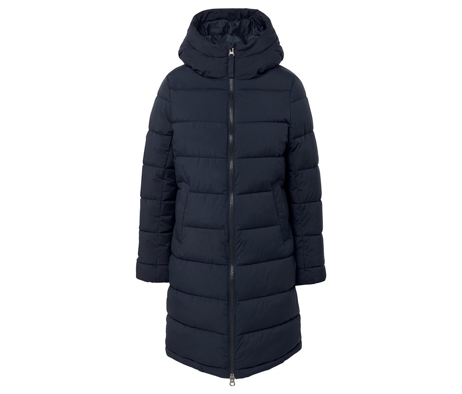 Tmavě modrá dlouhá prošívaná bunda s kapucí a zipem.