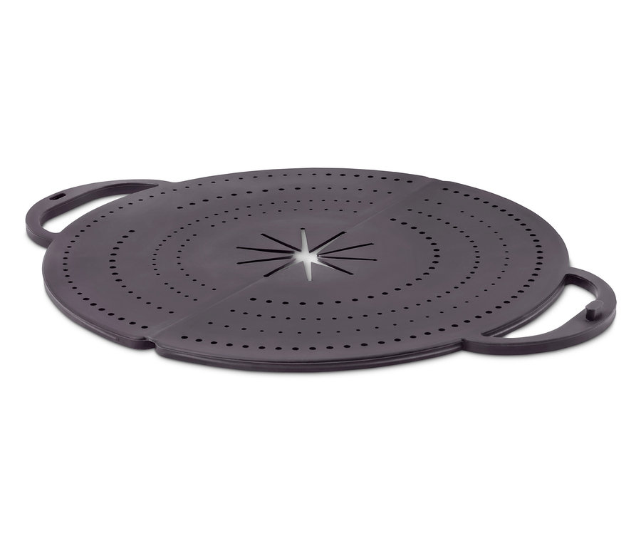 Šedá kulatá poklice s otvory a držadly na bílém pozadí.