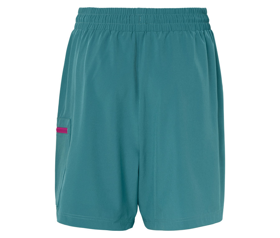 Tmavě zelené šortky s elastickým pasem a růžovým zipem na kapse.