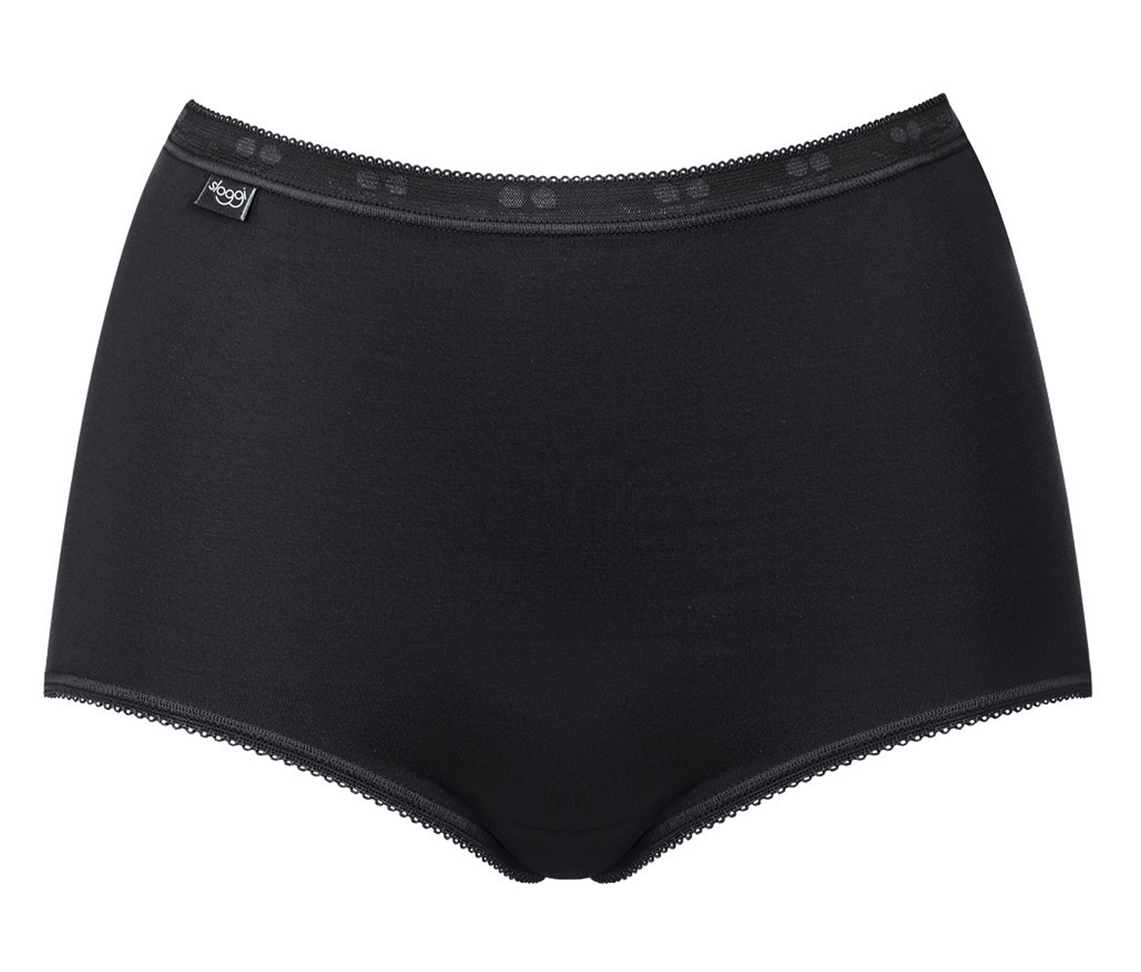 Černé dámské kalhotky s krajkovým lemem na bílém pozadí.