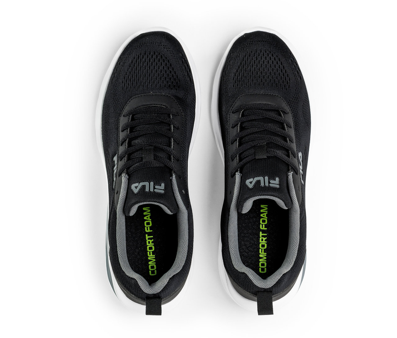 Dva černé pánské tenisky FILA Specctris s bílou podrážkou a šedou stélkou, pohled shora.