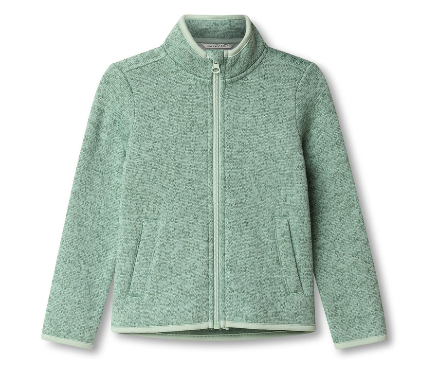 Světle zelená fleecová bunda na zip leží na bílém pozadí.