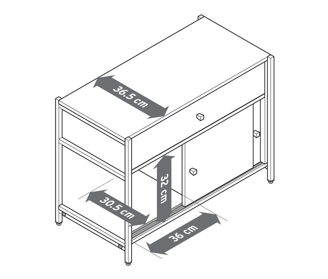 Ilustrace komody »GRADE« se zásuvkou a posuvnými dveřmi, s rozměry.