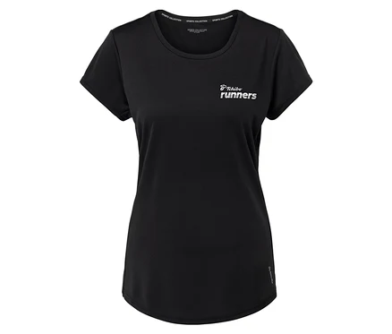 Černé tričko s nápisem "Tchibo runners" a nápisem "Sports Collection" na límci.