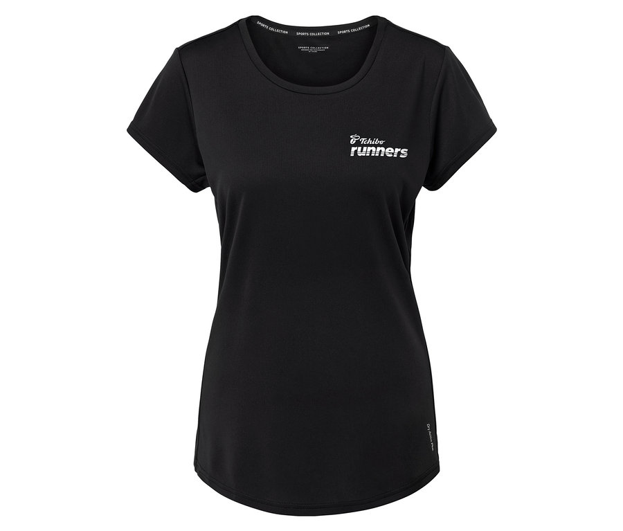 Černé tričko s nápisem "Tchibo runners" a nápisem "Sports Collection" na límci.